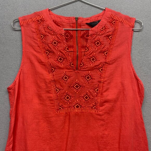 J Crew Dress Womens Small Orange Linen Blend Sleeveless Embroidered Casual - Picture 2 of 13